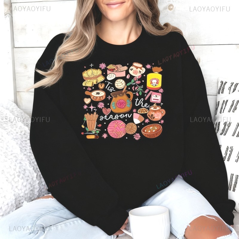 Xmas Food Snacks - เสื้อฮู้ดคริสต์มาสสไตล์เม็กซิกัน ลายอาหารปาร์ตี้ เสื้อสวมหัวลายขนมคริสต์มาส เสื้อสเวตเชิ้ตปาร์ตี้คริสต์มาส เสื้อจัมเปอร์ปีม้า เสื้อฮู้ดคริสต์มาส
