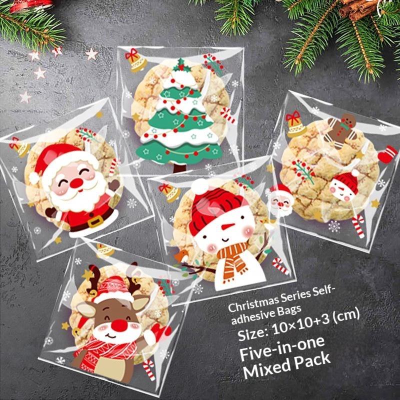 Xmas Food Snacks - ถุงใส่ขนมคริสต์มาสแบบมีกาวในตัว 100 ชิ้น เกรดสำหรับอาหาร ใส ใช้สำหรับบรรจุคุกกี้