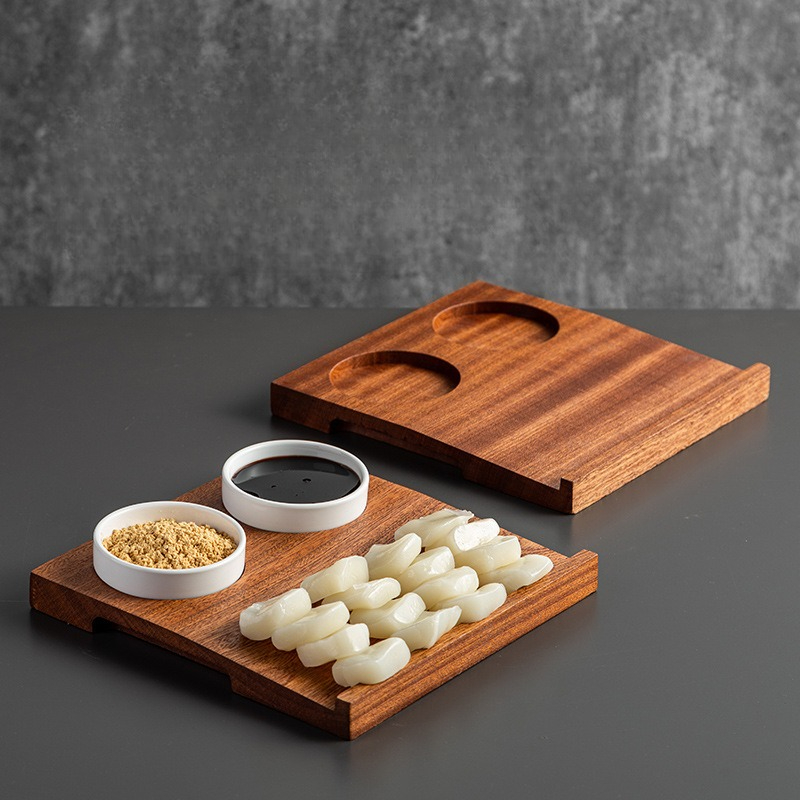 Korean Food Snacks - ถาดไม้เค้กข้าวอาหารเย็นสไตล์เกาหลี, จานกาแฟ, จานขนมซอสจุ่มย้อนยุค, บนโต๊ะอาหารเกาหลี