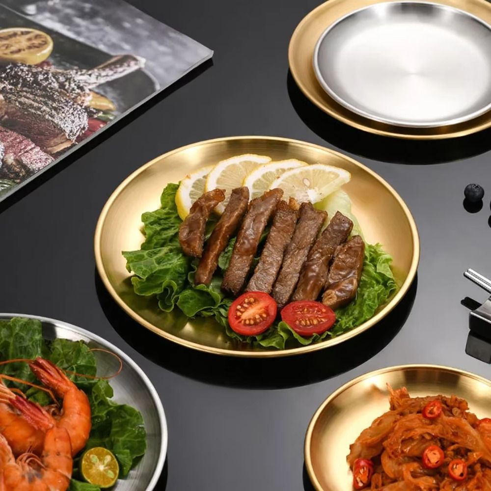 Korean Food Snacks - จานอาหารเกาหลีรักษ์โลก สแตนเลสสีทอง/สีเงิน ถาดโลหะสไตล์ยุโรป จานอาหารย้อนยุคสำหรับของว่าง