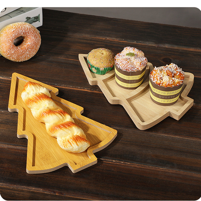 Xmas Food Snacks - ถาดไม้ลายคริสต์มาส จานไม้สำหรับวางบนโต๊ะอาหาร ลายต้นคริสต์มาส สำหรับใส่ผลไม้แห้ง ขนม ของว่าง