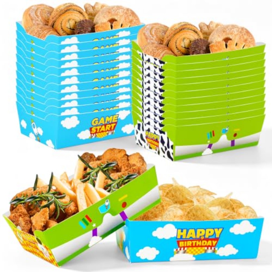 Food Snacks Party - ถาดอาหารกระดาษลายการ์ตูน 24 ชิ้น แบบใช้แล้วทิ้ง ลายท้องฟ้าสีฟ้าและเมฆสีขาว ชามขนมธีมการ์ตูน